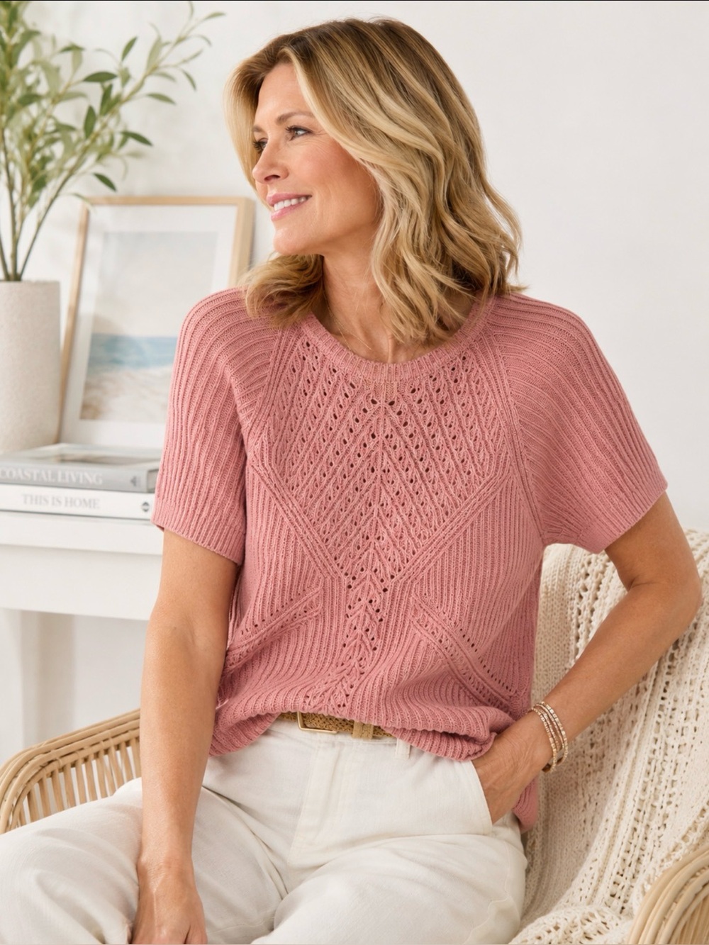 Coldwater Creek Dusty Rose Knit Sweater Petite XL Textured Short Sleeve
